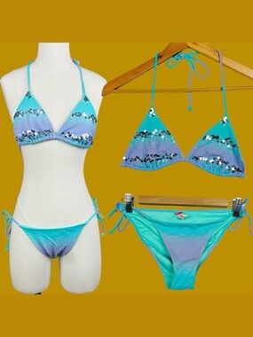 Victoria’s Secret Ombre Sequin Tie Halter Triangle String Bikini Set Teal Purple